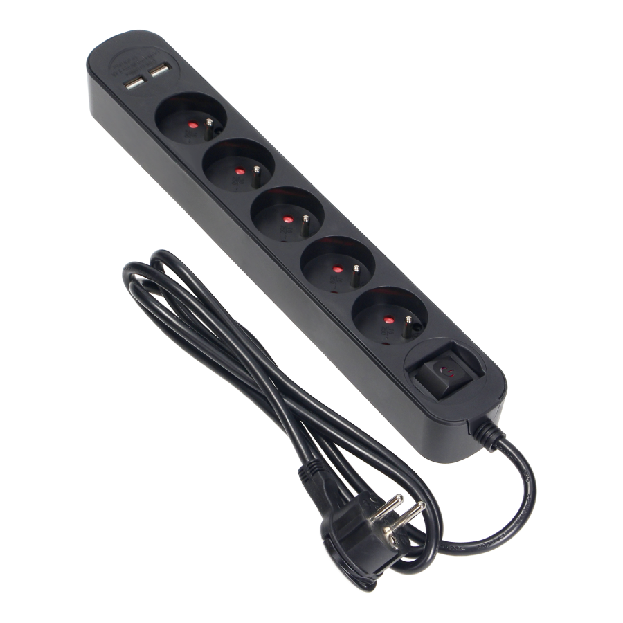 Listwa przeciwprzepięciowa, 5 gniazd 2P+Z (French), kabel 3x1,5mm2, długość 1,5m, z wyłącznikiem podświetlanym dwutorowym, 16A, 
