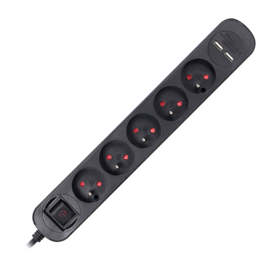 Power strip with surge protection and backlit main switch, 5 sockets 2P+E (French), 2 x USB chargers, cable 3x1,5mm², 1.5m long,