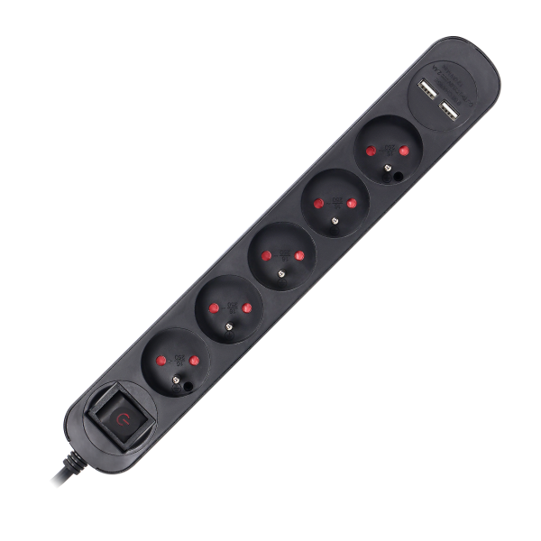 Power strip with surge protection and backlit main switch, 5 sockets 2P+E (French), 2 x USB chargers, cable 3x1,5mm², 1.5m long, Power strip with surge protection and backlit main switch, 5 sockets 2P+E (French), 2 x USB chargers, cable 3x1,5mm², 1.5m long,
