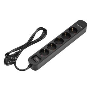Power strip with surge protection and backlit main switch, 5 sockets 2P+E (Schuko), 2 x USB chargers, cable 3x1,5mm², 1.5m long,