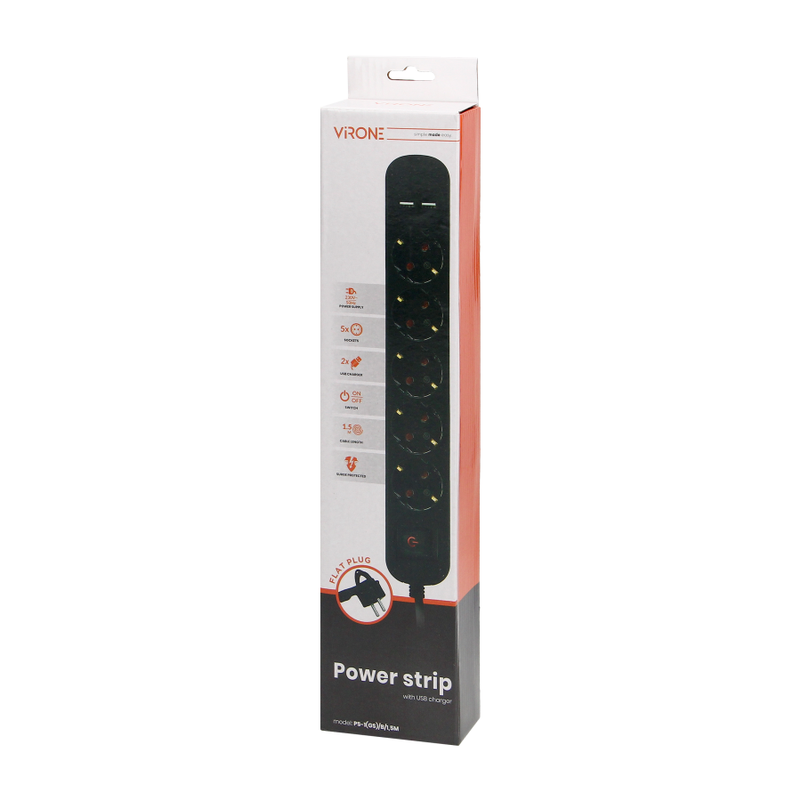 Power strip with surge protection and backlit main switch, 5 sockets 2P+E (Schuko), 2 x USB chargers, cable 3x1,5mm², 1.5m long,