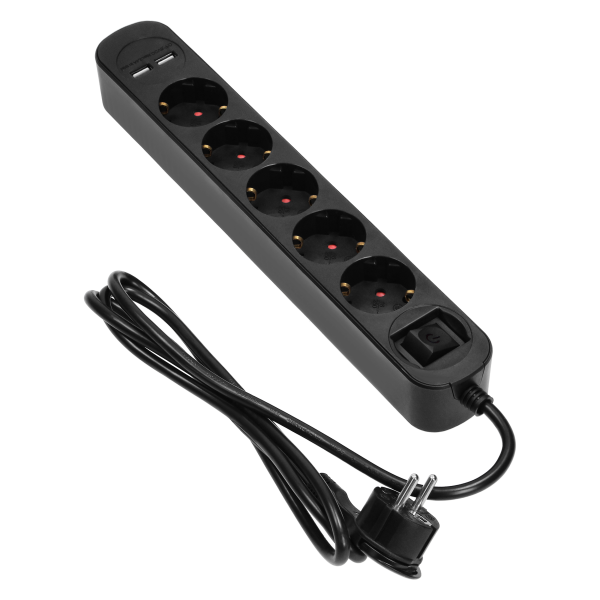 Power strip with surge protection and backlit main switch, 5 sockets 2P+E (Schuko), 2 x USB chargers, cable 3x1,5mm², 1.5m long,