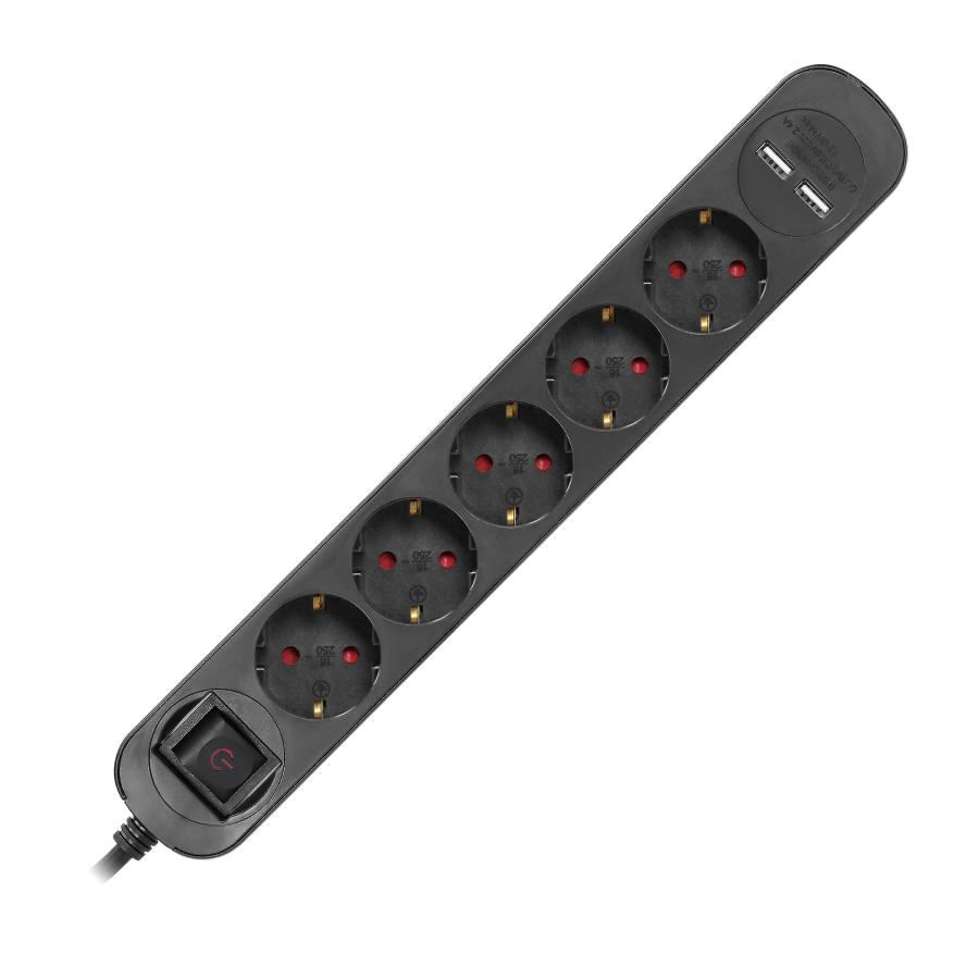 Power strip with surge protection and backlit main switch, 5 sockets 2P+E (Schuko), 2 x USB chargers, cable 3x1,5mm², 1.5m long,