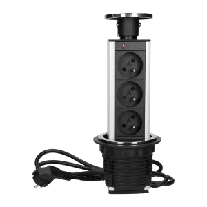 Desktop pop-up socket Ø8cm, with cover and 1.8m cable, 3x2P+E, INOX