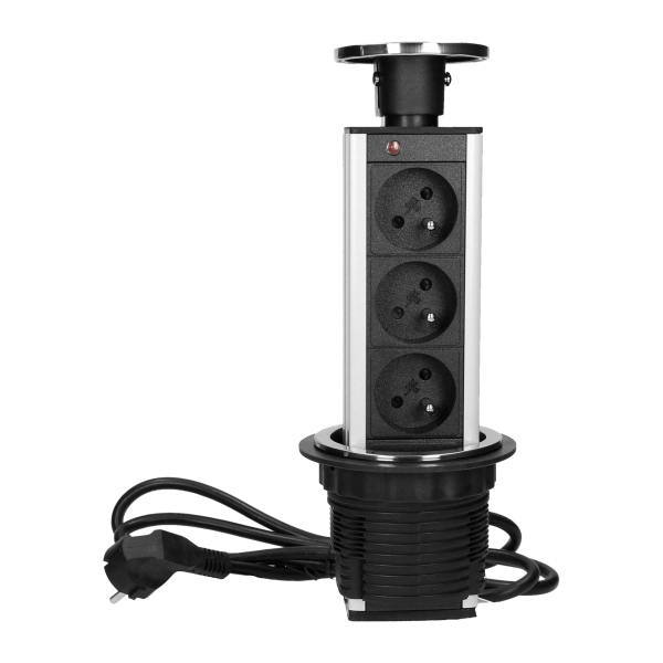 Gniazdo meblowe Ø8cm wysuwane z blatu, z maskownicą i przewodem 1,8m, 3x2P+Z, INOX