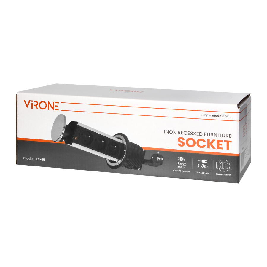 Desktop pop-up socket Ø8cm, with cover and 1.8m cable, 3x2P+E, INOX