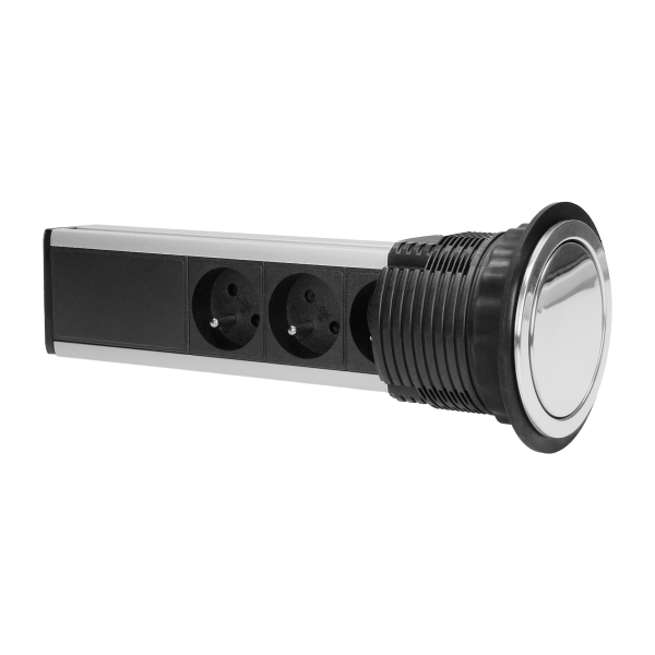 Desktop pop-up socket Ø8cm, with cover and 1.8m cable, 3x2P+E, INOX Desktop pop-up socket Ø8cm, with cover and 1.8m cable, 3x2P+E, INOX