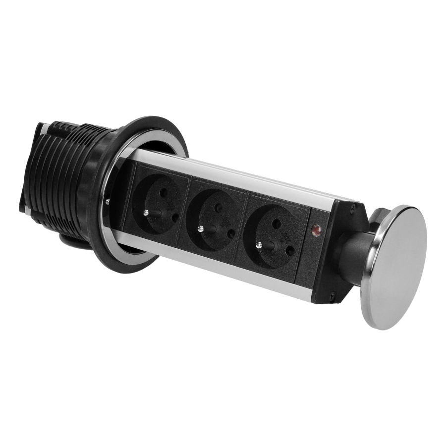 Gniazdo meblowe Ø8cm wysuwane z blatu, z maskownicą i przewodem 1,8m, 3x2P+Z, INOX