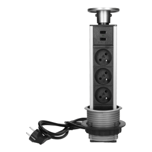 Desktop pop-up socket Ø8cm, with USB charger and 1.8m cable, 3x2P+E, 2xUSB