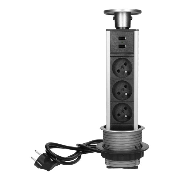 Gniazdo meblowe Ø8cm wysuwane z blatu z ładowarką USB i przewodem 1,8m, 3x2P+Z, 2xUSB