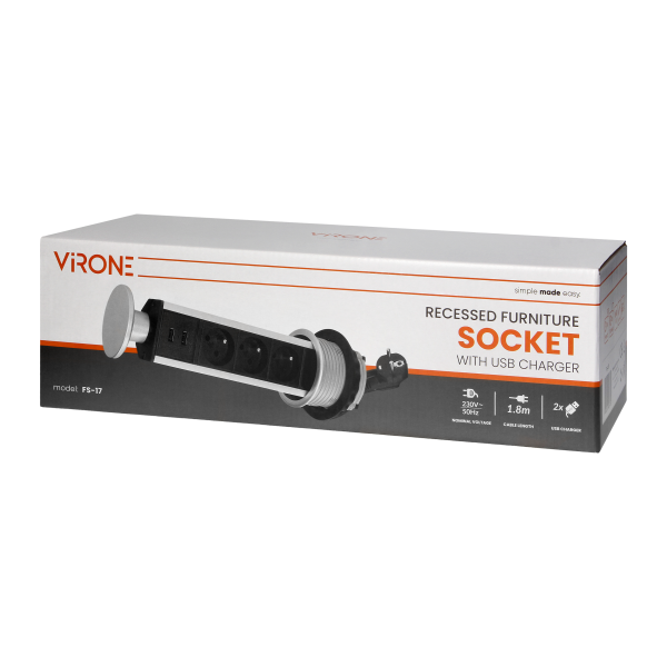 Desktop pop-up socket Ø8cm, with USB charger and 1.8m cable, 3x2P+E, 2xUSB