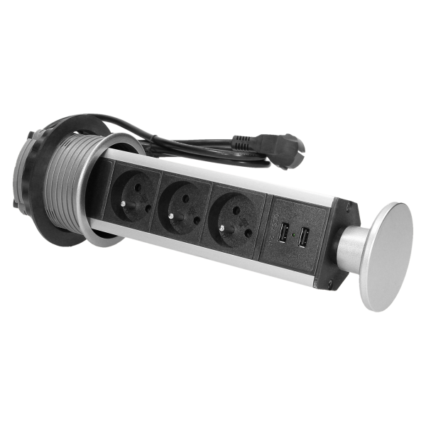 Desktop pop-up socket Ø8cm, with USB charger and 1.8m cable, 3x2P+E, 2xUSB