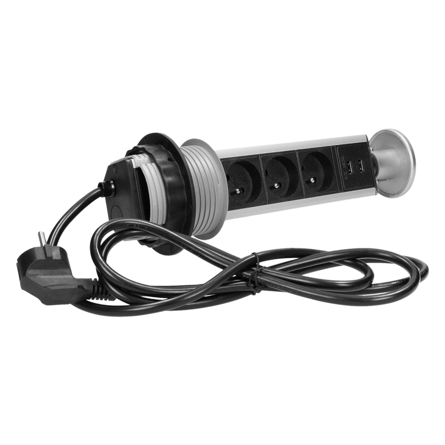 Gniazdo meblowe Ø8cm wysuwane z blatu z ładowarką USB i przewodem 1,8m, 3x2P+Z, 2xUSB