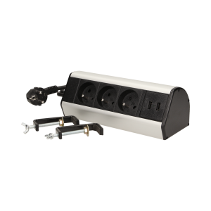 Desk socket with clamp holders, USB charger and 1.8m cable, 3x2P+E, 2xUSB