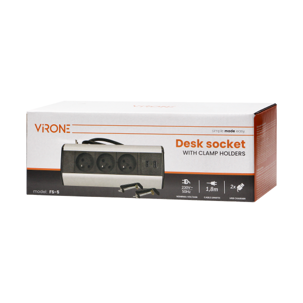 Desk socket with clamp holders, USB charger and 1.8m cable, 3x2P+E, 2xUSB