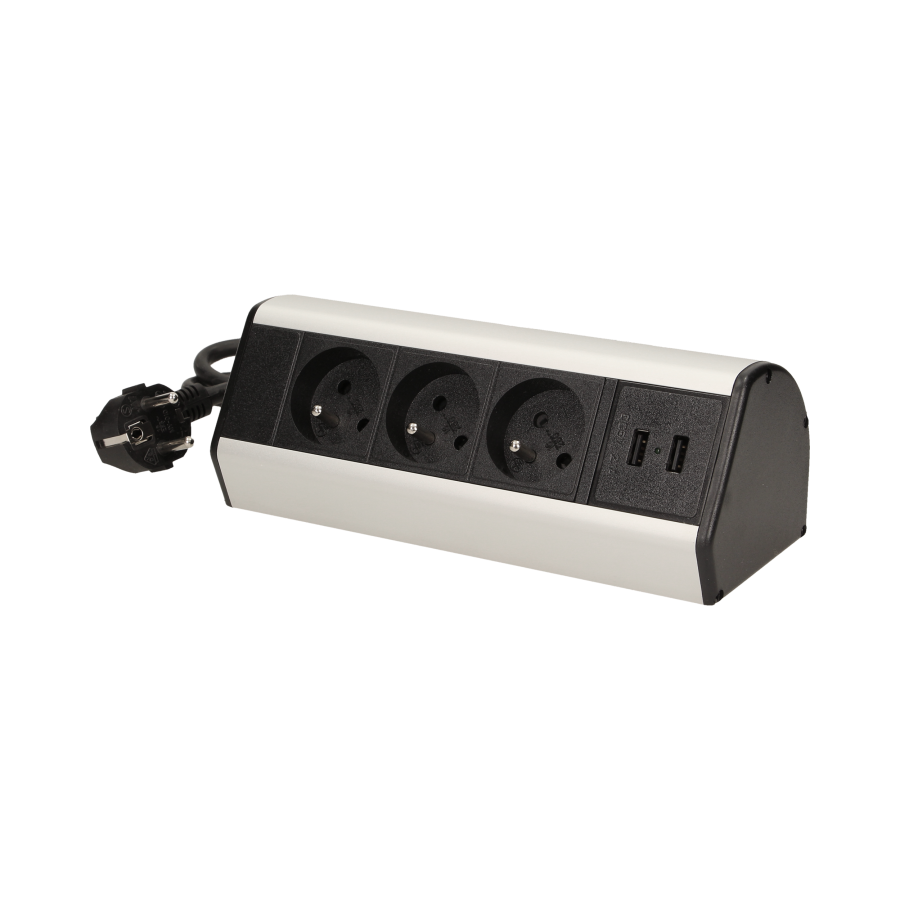 Desk socket with clamp holders, USB charger and 1.8m cable, 3x2P+E, 2xUSB