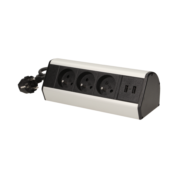 Desk socket with clamp holders, USB charger and 1.8m cable, 3x2P+E, 2xUSB