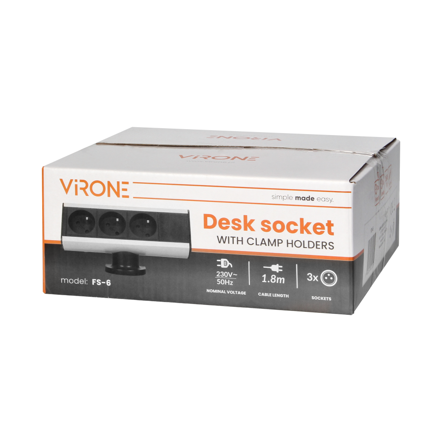 Desktop-mounted 3x2P+E socket with clamp holder and 1.8m cable