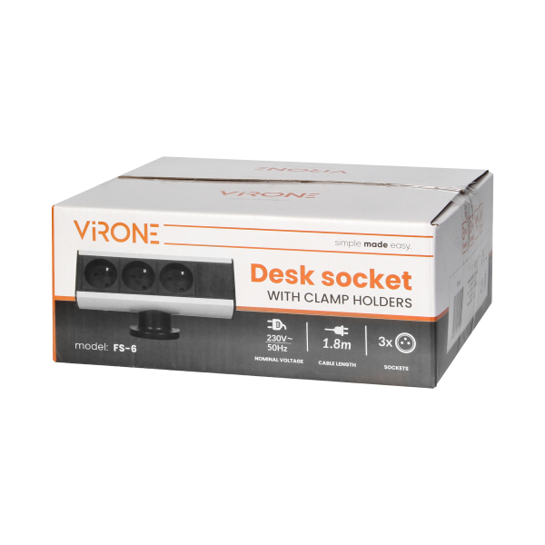 Desktop-mounted 3x2P+E socket with clamp holder and 1.8m cable