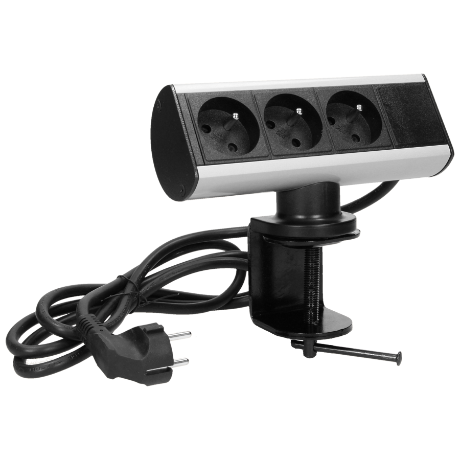 Desktop-mounted 3x2P+E socket with clamp holder and 1.8m cable
