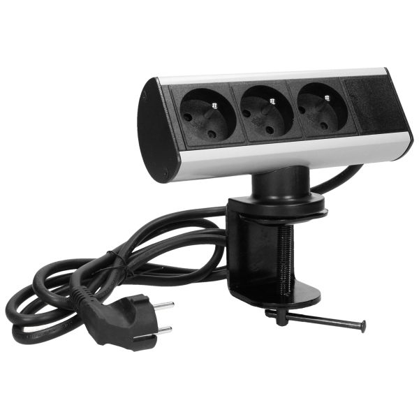 Desktop-mounted 3x2P+E socket with clamp holder and 1.8m cable