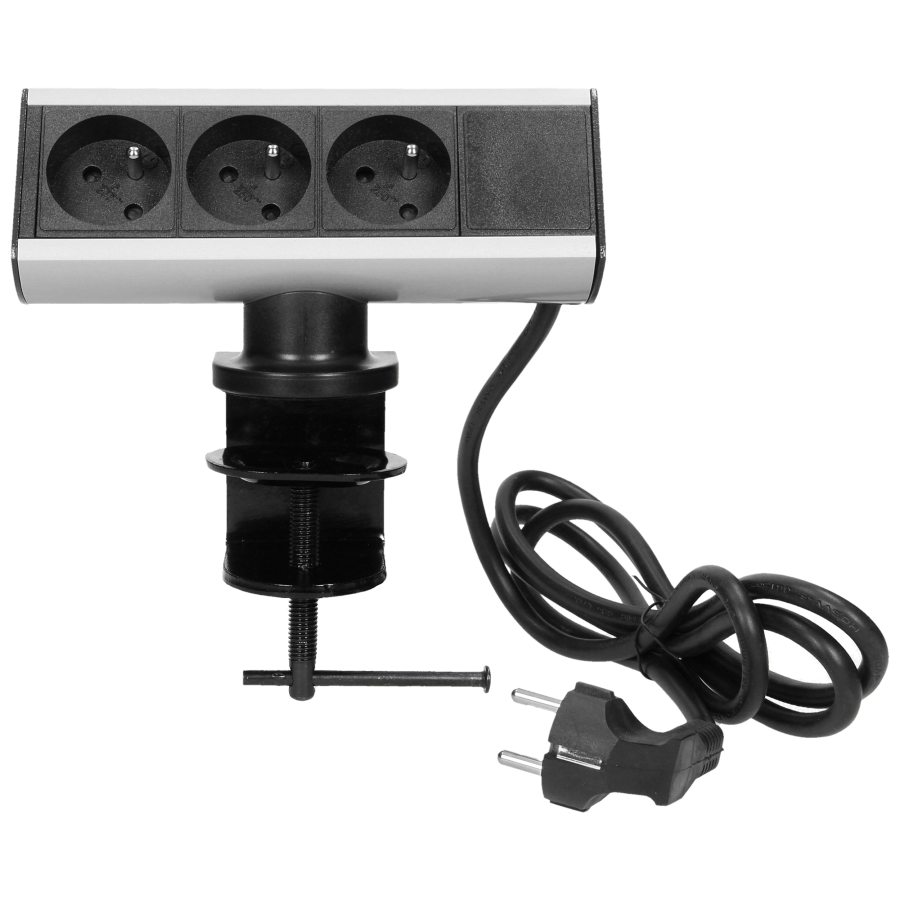 Desktop-mounted 3x2P+E socket with clamp holder and 1.8m cable
