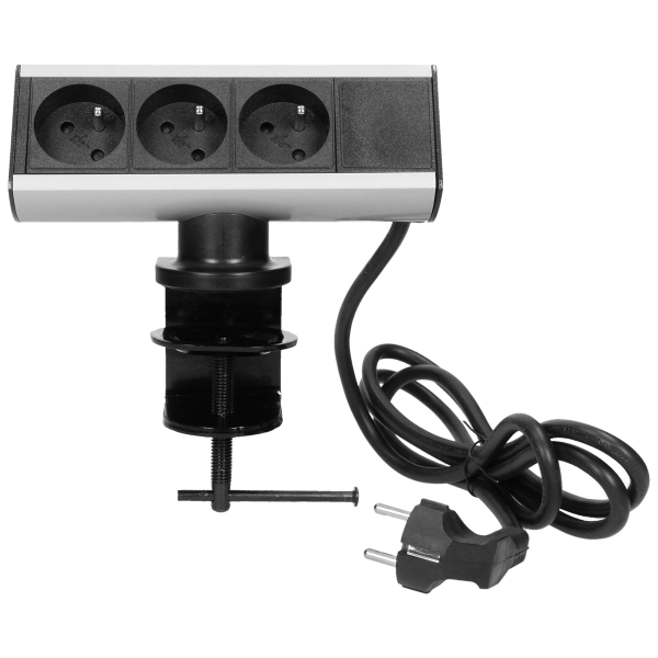 Desktop-mounted 3x2P+E socket with clamp holder and 1.8m cable