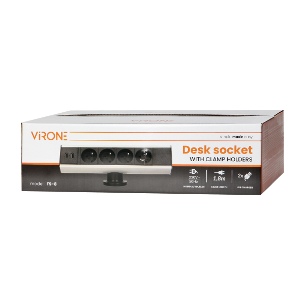 Gniazdo meblowe z uchwytem montażowym, ładowarką USB i przewodem 1,8m, 4x2P+Z, 2xUSB