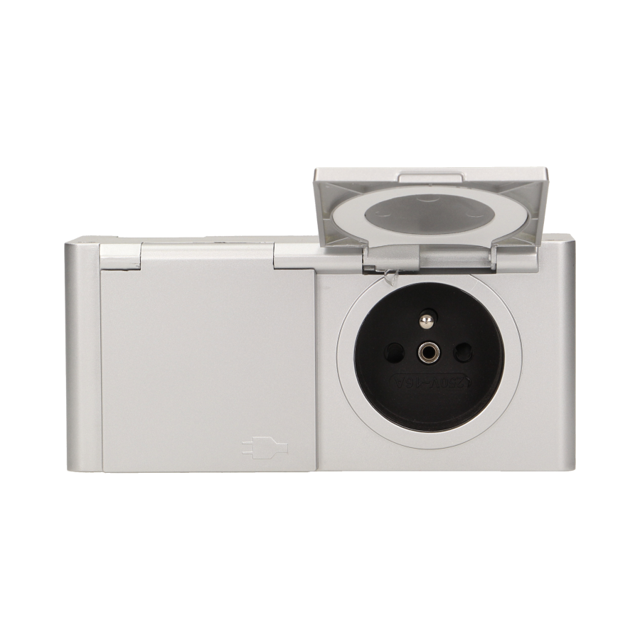 Hermetic under-cabinet electrical socket IP44, 2x2P+E, silver
