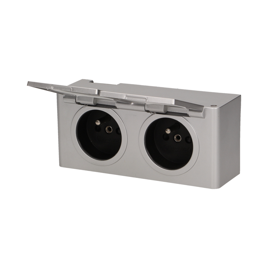 Hermetic under-cabinet electrical socket IP44, 2x2P+E, silver