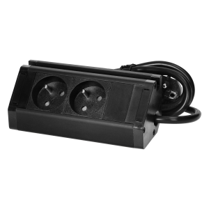 Double furniture socket with telephone holder and 1.5 m cable, 2x2P+E, black