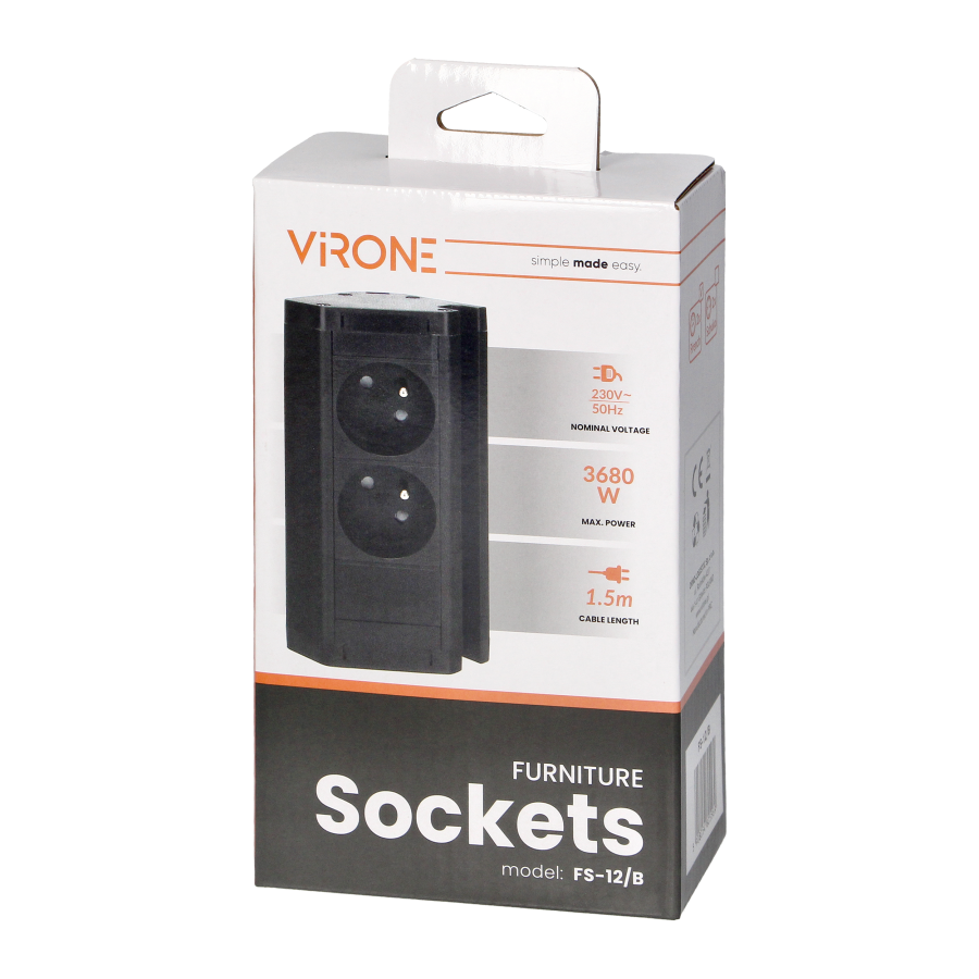 Double furniture socket with telephone holder and 1.5 m cable, 2x2P+E, black