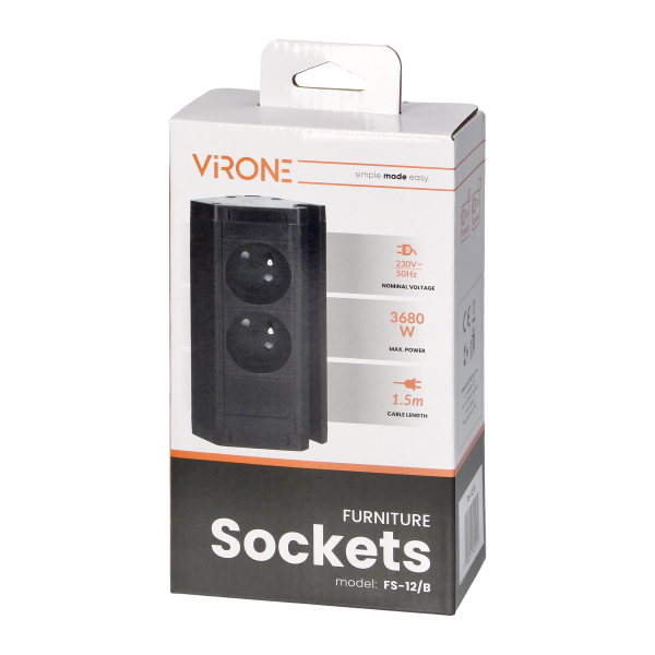 Double furniture socket with telephone holder and 1.5 m cable, 2x2P+E, black