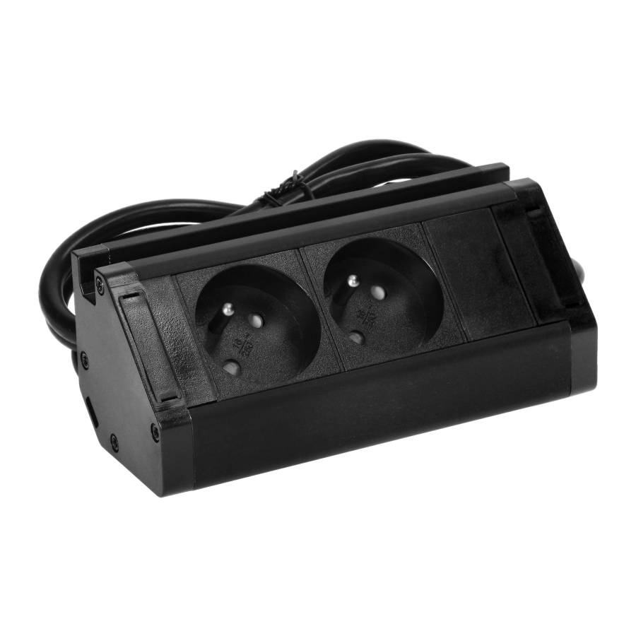 Double furniture socket with telephone holder and 1.5 m cable, 2x2P+E, black