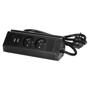 Double furniture socket with USB charger, telephone holder and 1.5m cable, 2x2P+E, 2xUSB (type A, 2.4A), black