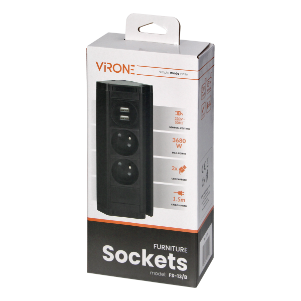 Double furniture socket with USB charger, telephone holder and 1.5m cable, 2x2P+E, 2xUSB (type A, 2.4A), black