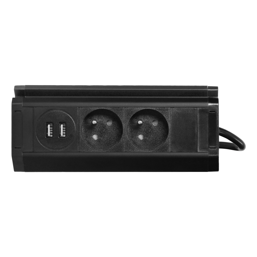 Double furniture socket with USB charger, telephone holder and 1.5m cable, 2x2P+E, 2xUSB (type A, 2.4A), black