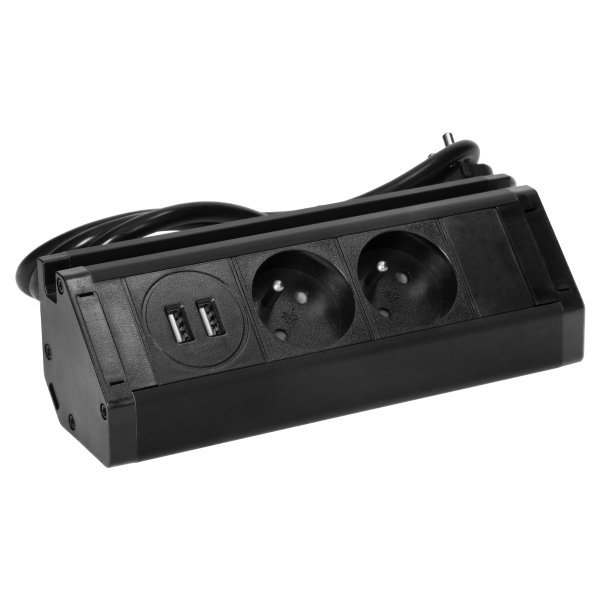 Double furniture socket with USB charger, telephone holder and 1.5m cable, 2x2P+E, 2xUSB (type A, 2.4A), black