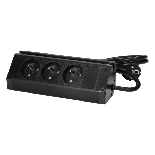 Triple furniture socket with telephone holder and 1.5 m cable, 3x2P + E, black