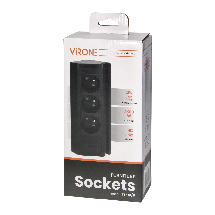 Triple furniture socket with telephone holder and 1.5 m cable, 3x2P + E, black