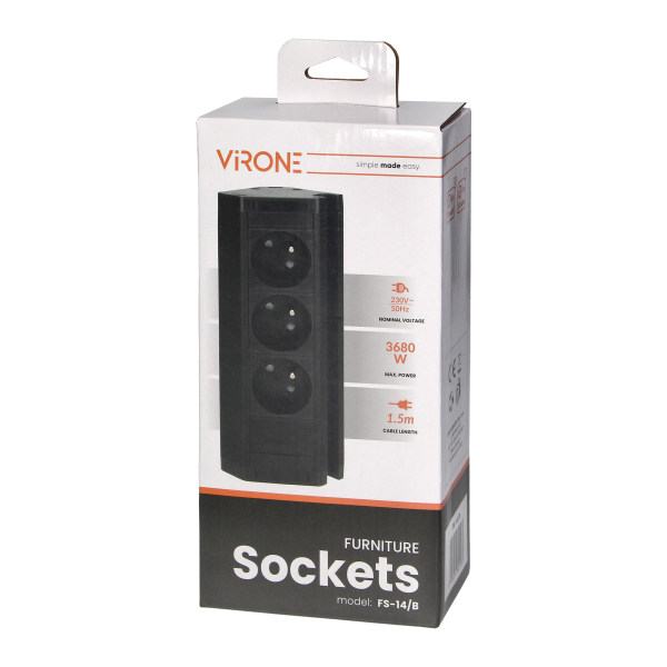 Triple furniture socket with telephone holder and 1.5 m cable, 3x2P + E, black