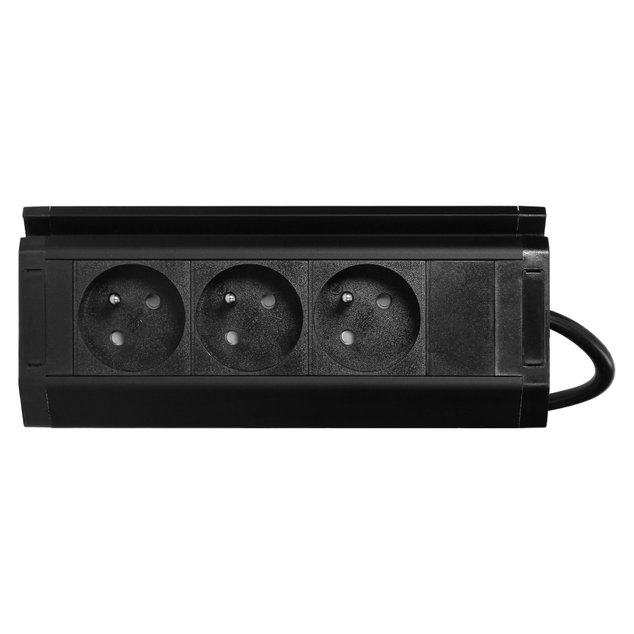 Triple furniture socket with telephone holder and 1.5 m cable, 3x2P + E, black