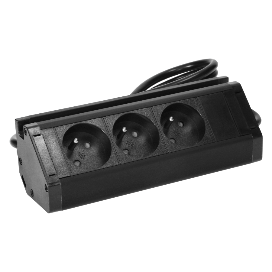 Triple furniture socket with telephone holder and 1.5 m cable, 3x2P + E, black