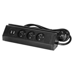 Potrójne gniazdo meblowe z uchwytem na telefon, ładowarką USB i przewodem 1,5m, 3x2P+Z,  2xUSB (typ A, 2,4A), czarne