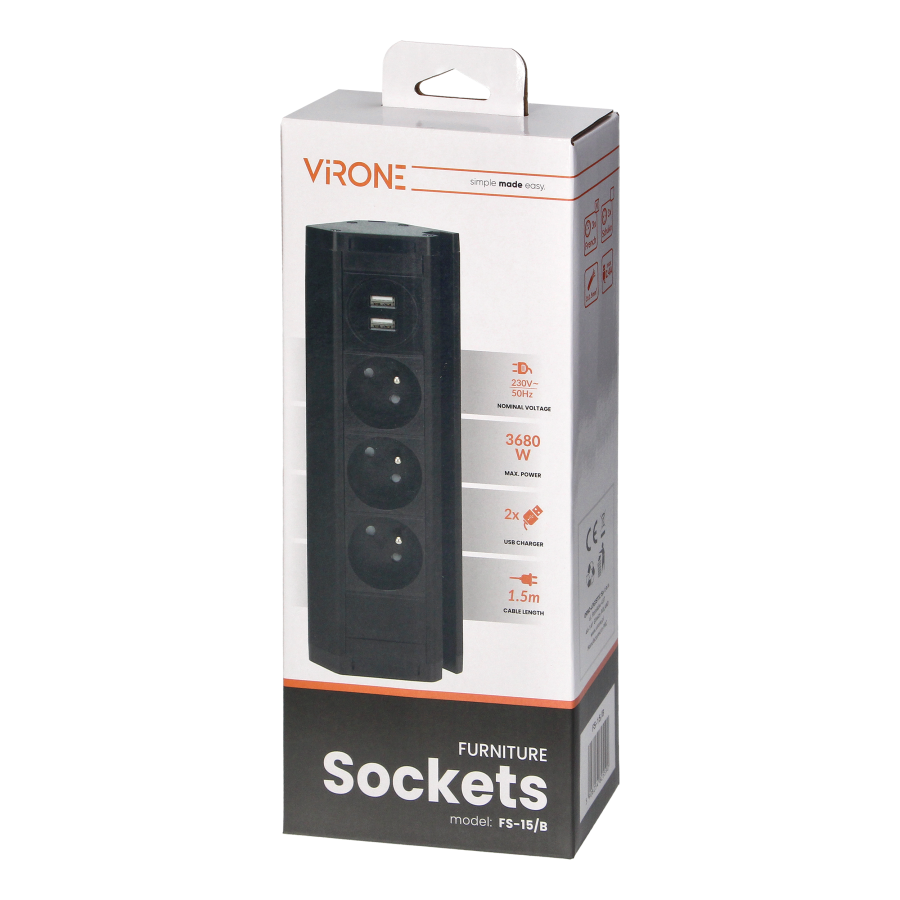 Triple furniture socket with telephone holder, USB charger and 1.5 m cable, 3x2P + E, 2xUSB (type A, 2.4A), black