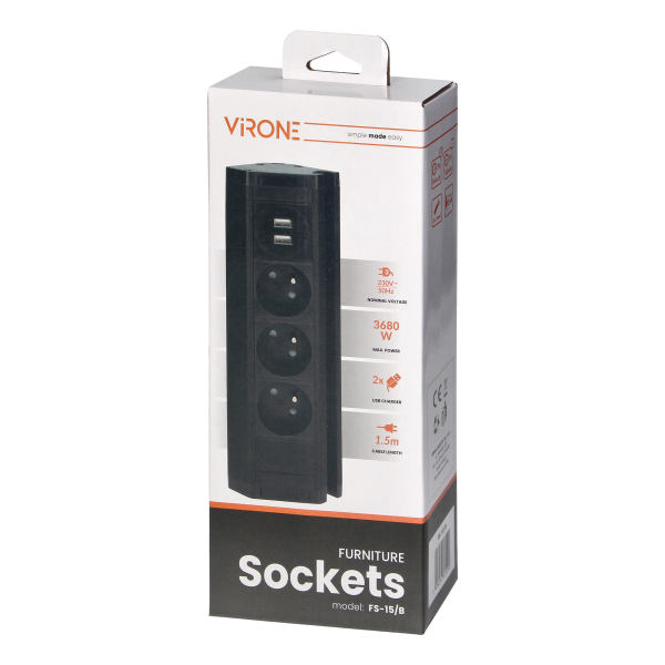 Triple furniture socket with telephone holder, USB charger and 1.5 m cable, 3x2P + E, 2xUSB (type A, 2.4A), black