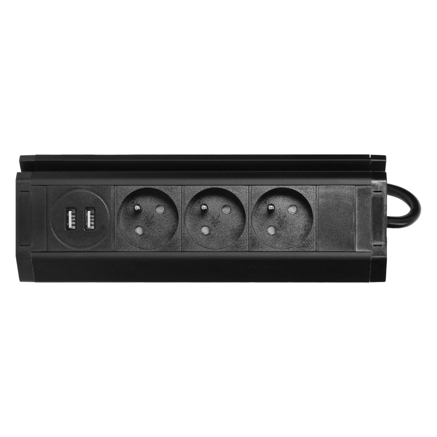 Potrójne gniazdo meblowe z uchwytem na telefon, ładowarką USB i przewodem 1,5m, 3x2P+Z,  2xUSB (typ A, 2,4A), czarne