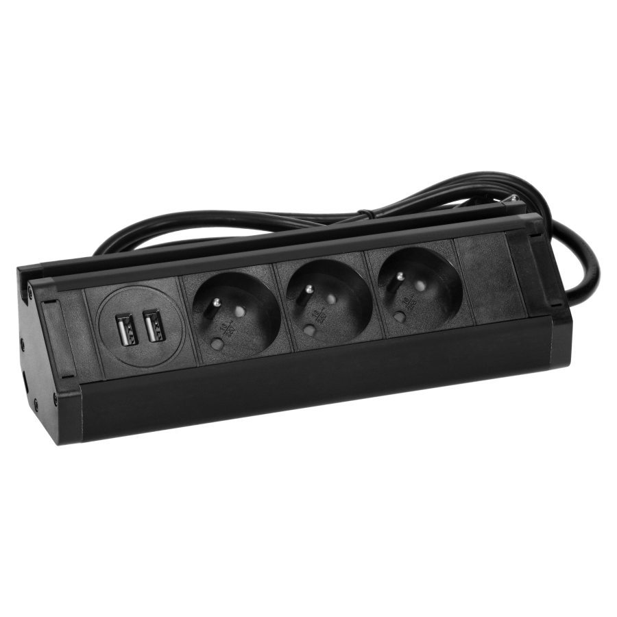 Triple furniture socket with telephone holder, USB charger and 1.5 m cable, 3x2P + E, 2xUSB (type A, 2.4A), black