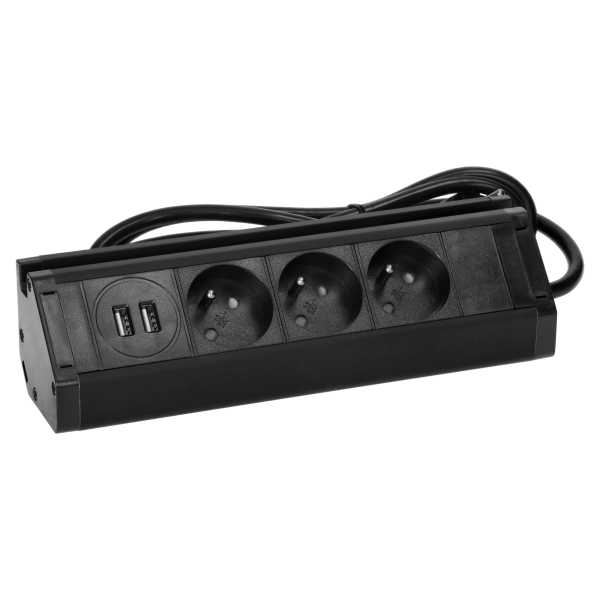 Triple furniture socket with telephone holder, USB charger and 1.5 m cable, 3x2P + E, 2xUSB (type A, 2.4A), black