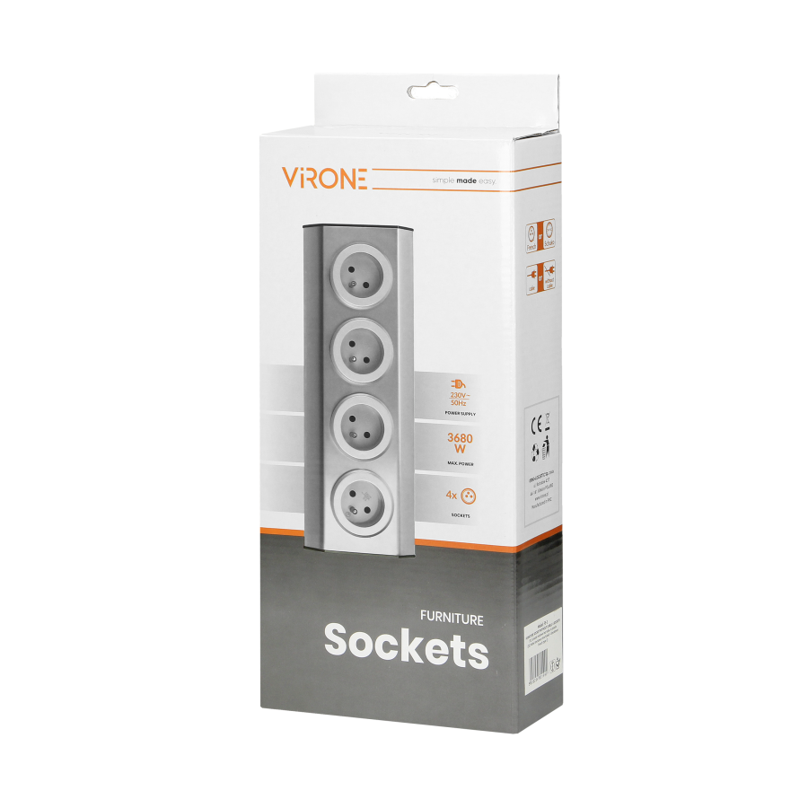 Set of power sockets suitable for furniture and kitchen, with velcro mounting strips 4x2P+E INOX